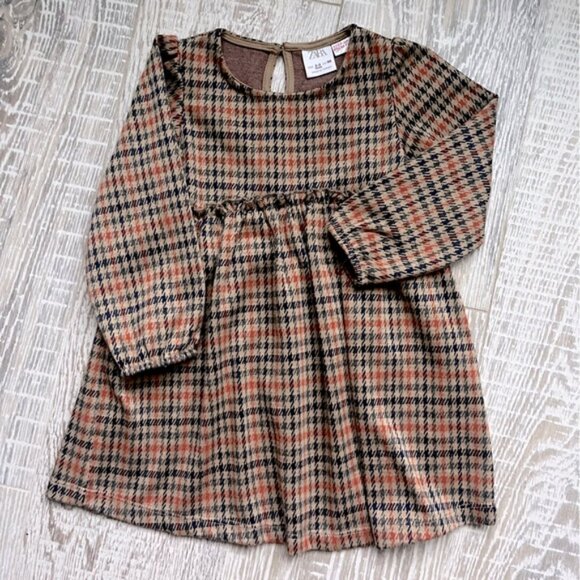 Long Sleeve Neutral Houndstooth Fall Dress Brown Orange Navy Sz 2 3 Toddler